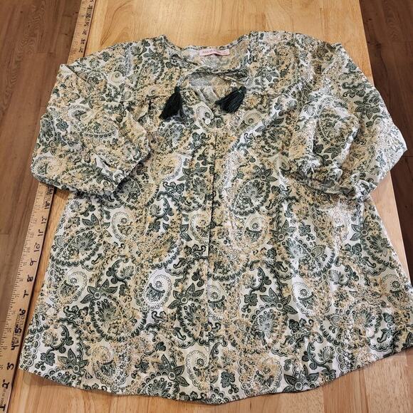 Paisley Green & Cream Ballon Sleeve Blouse All Over Embroidery medium Tassel Tie - Picture 1 of 12